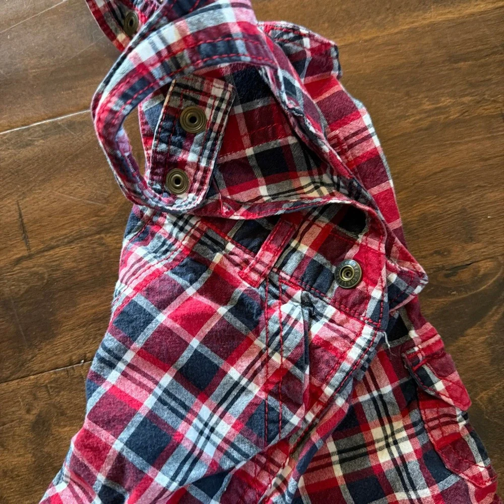 Gymboree Boys Red Navy Blue Plaid Cotton Shortalls Overalls 6-12 Months